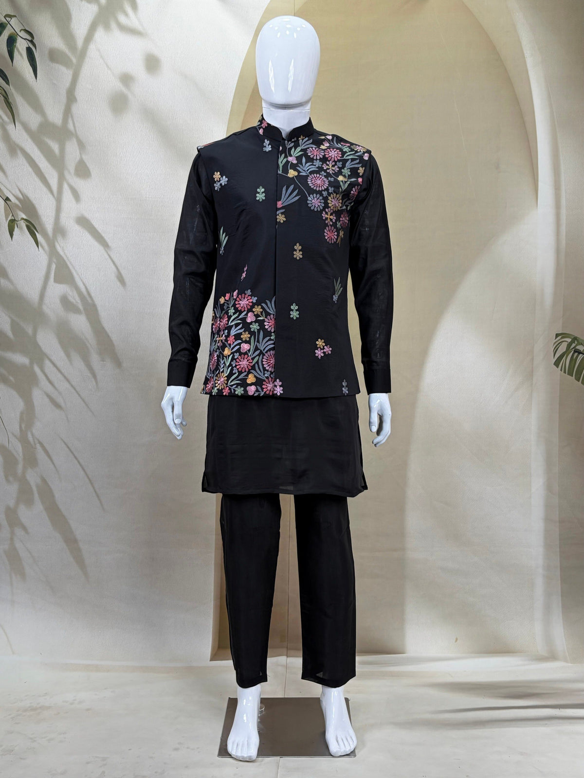 ✨ Black Premium Roman Silk Plain Kurta & Pant Set with Designer Multi-Embroidered Koti Jacket