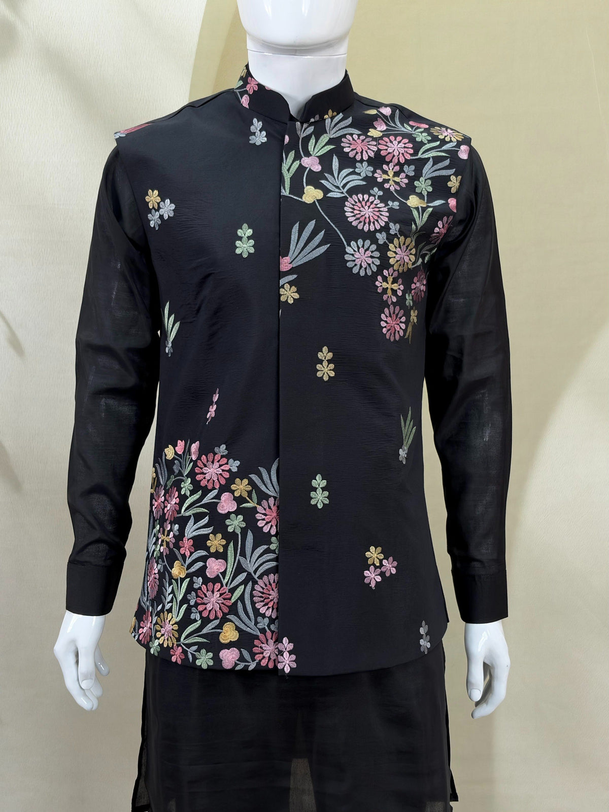 ✨ Black Premium Roman Silk Plain Kurta & Pant Set with Designer Multi-Embroidered Koti Jacket