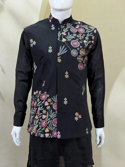 ✨ Black Premium Roman Silk Plain Kurta & Pant Set with Designer Multi-Embroidered Koti Jacket