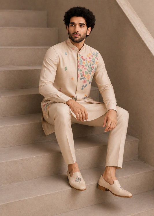 Cream Premium Roman Silk Plain Kurta & Pant Set with Designer Multi-Embroidered Koti Jacket