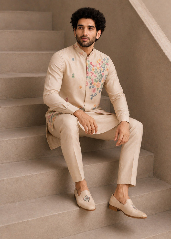 Cream Premium Roman Silk Plain Kurta & Pant Set with Designer Multi-Embroidered Koti Jacket