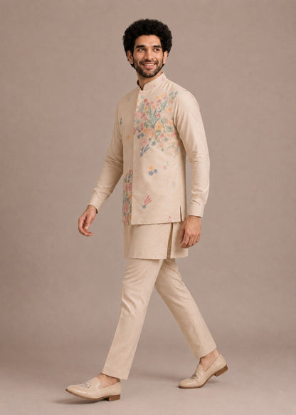 Cream Premium Roman Silk Plain Kurta & Pant Set with Designer Multi-Embroidered Koti Jacket