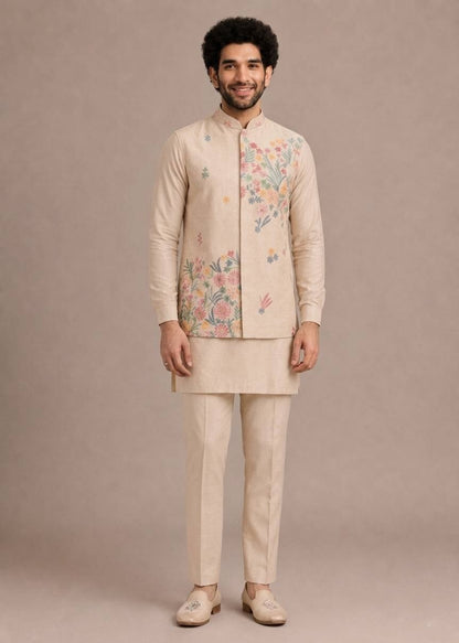 Cream Premium Roman Silk Plain Kurta & Pant Set with Designer Multi-Embroidered Koti Jacket