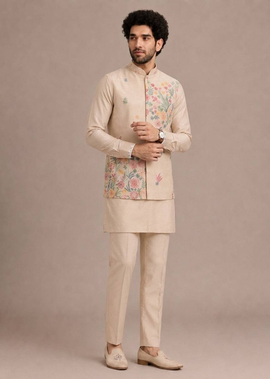 Cream Premium Roman Silk Plain Kurta & Pant Set with Designer Multi-Embroidered Koti Jacket