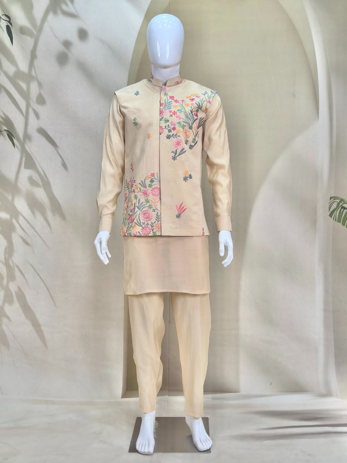 Cream Premium Roman Silk Plain Kurta & Pant Set with Designer Multi-Embroidered Koti Jacket