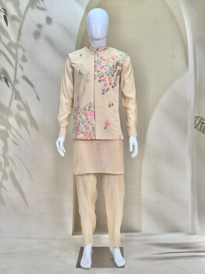 Cream Premium Roman Silk Plain Kurta & Pant Set with Designer Multi-Embroidered Koti Jacket