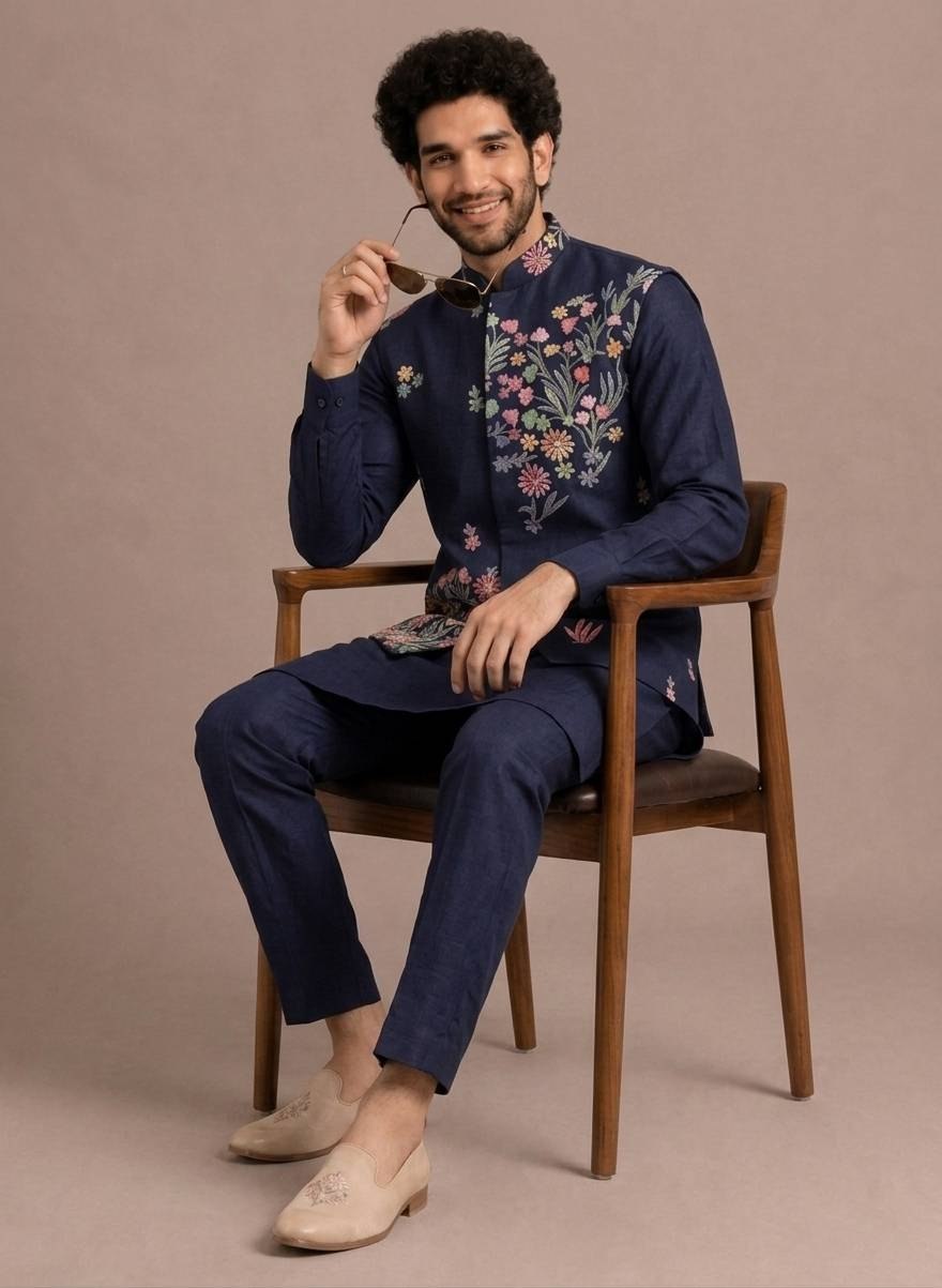Navy Blue Coach Silk Multi-Sequence & Floral Zari Embroidered Men's Kurta Koti Set