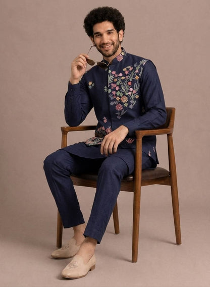 Navy Blue Coach Silk Multi-Sequence & Floral Zari Embroidered Men's Kurta Koti Set