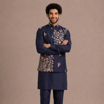 Navy Blue Coach Silk Multi-Sequence & Floral Zari Embroidered Men's Kurta Koti Set