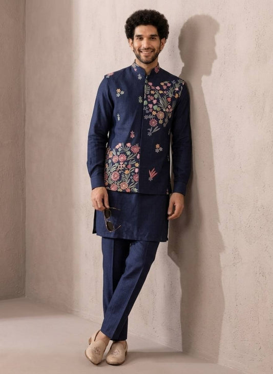 Navy Blue Coach Silk Multi-Sequence & Floral Zari Embroidered Men's Kurta Koti Set