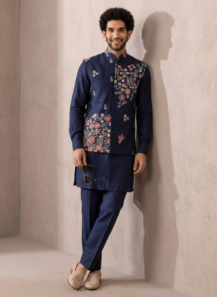 Navy Blue Coach Silk Multi-Sequence & Floral Zari Embroidered Men's Kurta Koti Set
