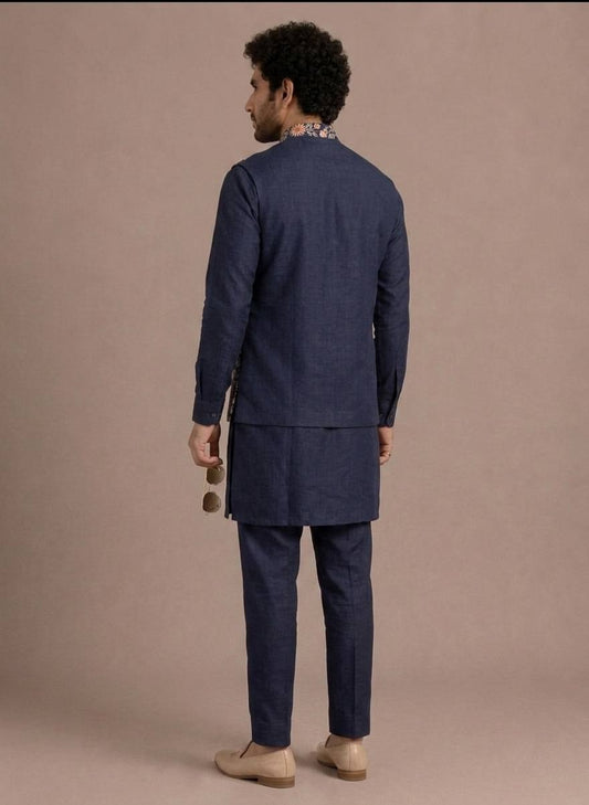 Navy Blue Coach Silk Multi-Sequence & Floral Zari Embroidered Men's Kurta Koti Set