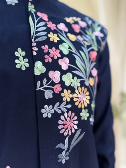 Navy Blue Coach Silk Multi-Sequence & Floral Zari Embroidered Men's Kurta Koti Set