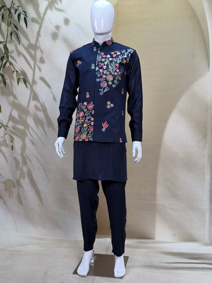 Navy Blue Coach Silk Multi-Sequence & Floral Zari Embroidered Men's Kurta Koti Set