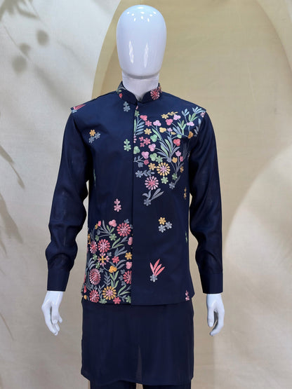 Navy Blue Coach Silk Multi-Sequence & Floral Zari Embroidered Men's Kurta Koti Set