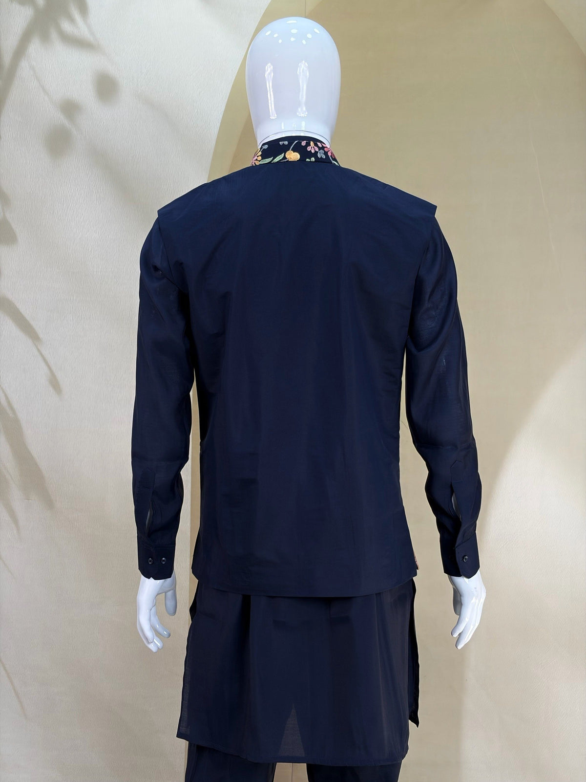 Navy Blue Coach Silk Multi-Sequence & Floral Zari Embroidered Men's Kurta Koti Set