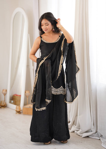 Women's Black Fendy Silk Real Mirror & Coding Embroidery Sharara Suit Set