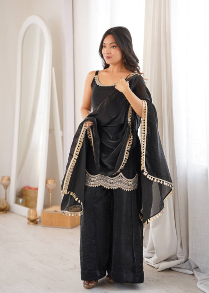 Women's Black Fendy Silk Real Mirror & Coding Embroidery Sharara Suit Set