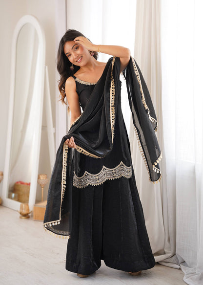 Women's Black Fendy Silk Real Mirror & Coding Embroidery Sharara Suit Set