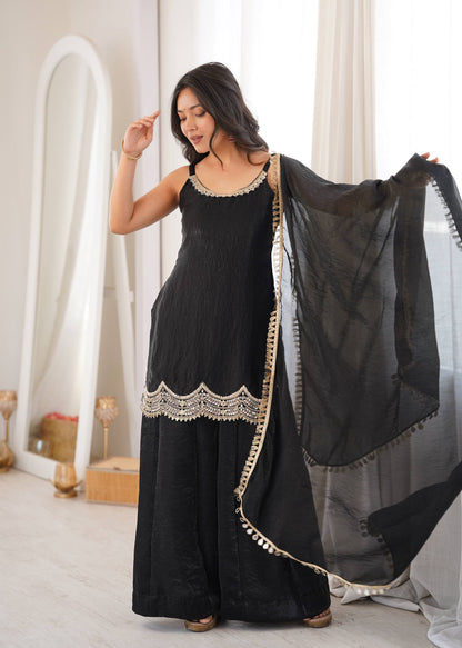 Women's Black Fendy Silk Real Mirror & Coding Embroidery Sharara Suit Set