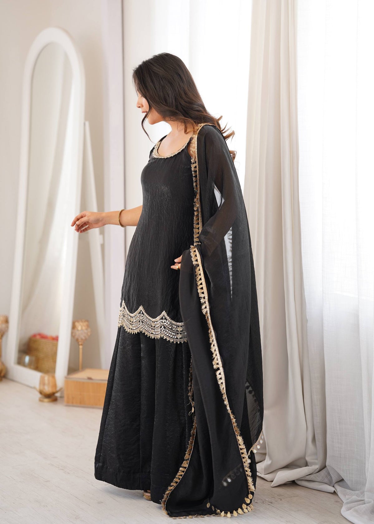 Women's Black Fendy Silk Real Mirror & Coding Embroidery Sharara Suit Set