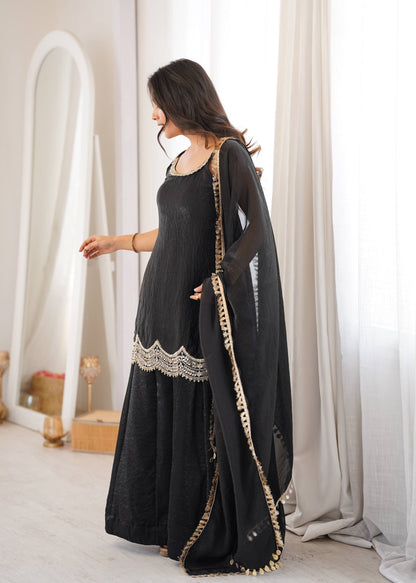 Women's Black Fendy Silk Real Mirror & Coding Embroidery Sharara Suit Set