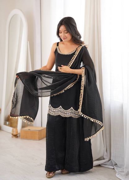 Women's Black Fendy Silk Real Mirror & Coding Embroidery Sharara Suit Set