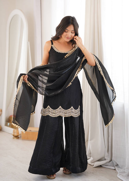 Women's Black Fendy Silk Real Mirror & Coding Embroidery Sharara Suit Set