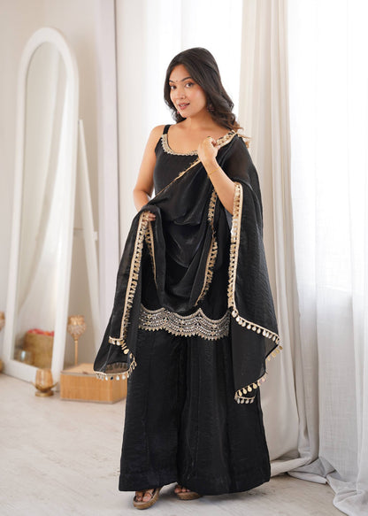 Women's Black Fendy Silk Real Mirror & Coding Embroidery Sharara Suit Set