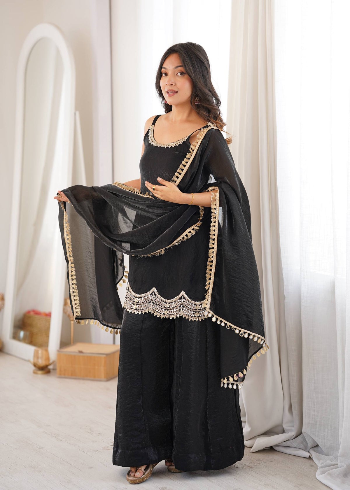 Women's Black Fendy Silk Real Mirror & Coding Embroidery Sharara Suit Set