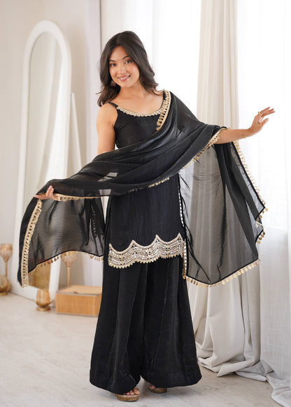Women's Black Fendy Silk Real Mirror & Coding Embroidery Sharara Suit Set