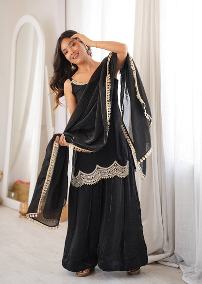 Women's Black Fendy Silk Real Mirror & Coding Embroidery Sharara Suit Set