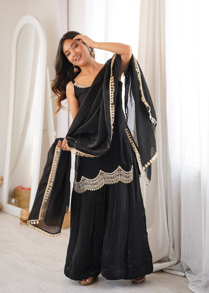Women's Black Fendy Silk Real Mirror & Coding Embroidery Sharara Suit Set