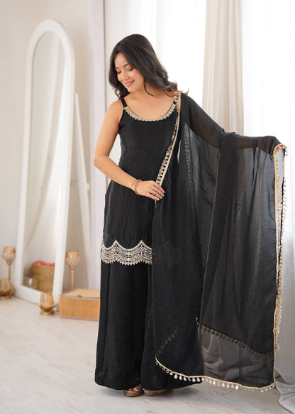Women's Black Fendy Silk Real Mirror & Coding Embroidery Sharara Suit Set