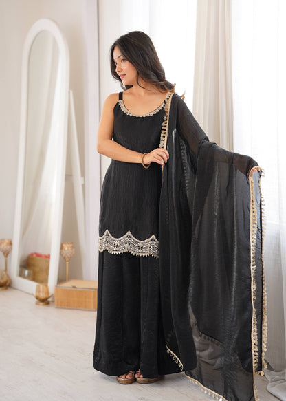 Women's Black Fendy Silk Real Mirror & Coding Embroidery Sharara Suit Set