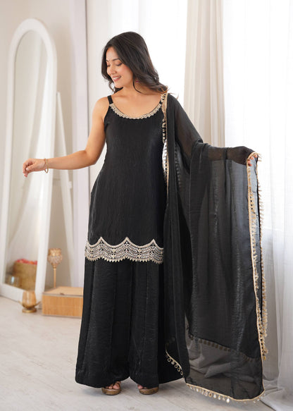 Women's Black Fendy Silk Real Mirror & Coding Embroidery Sharara Suit Set
