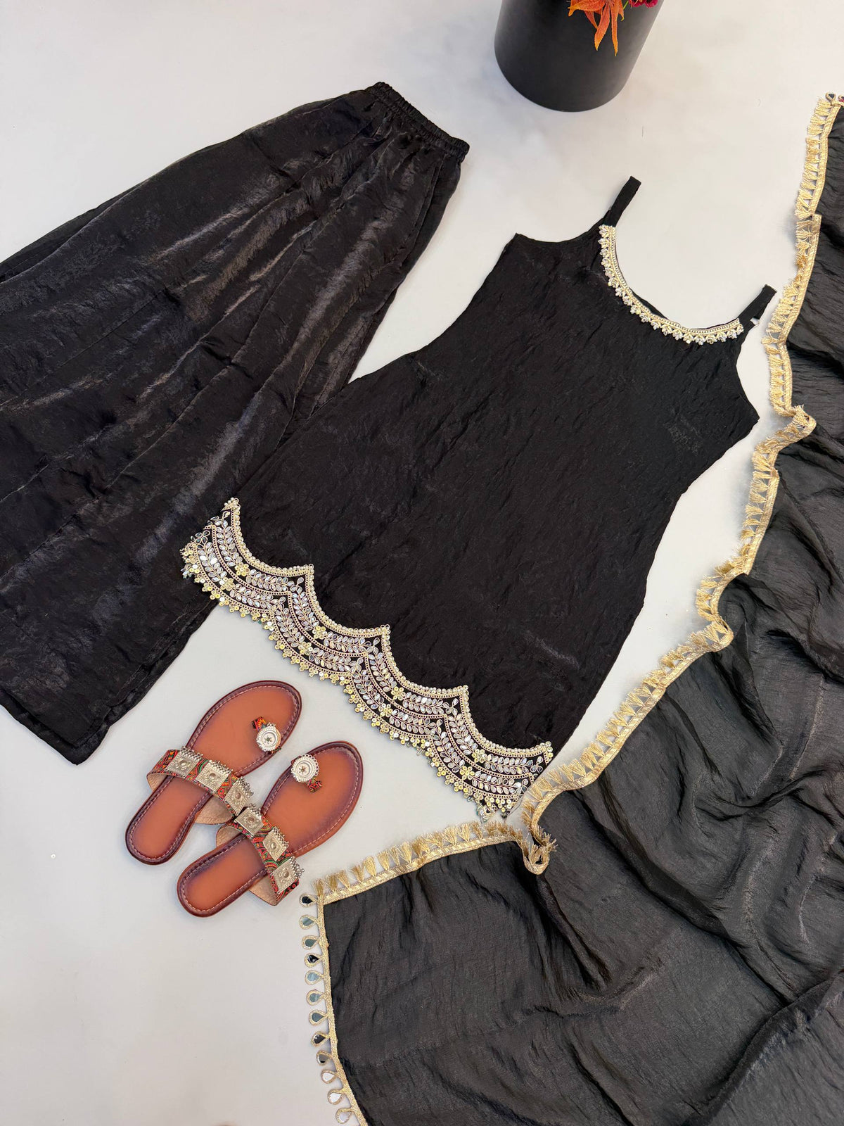 Women's Black Fendy Silk Real Mirror & Coding Embroidery Sharara Suit Set