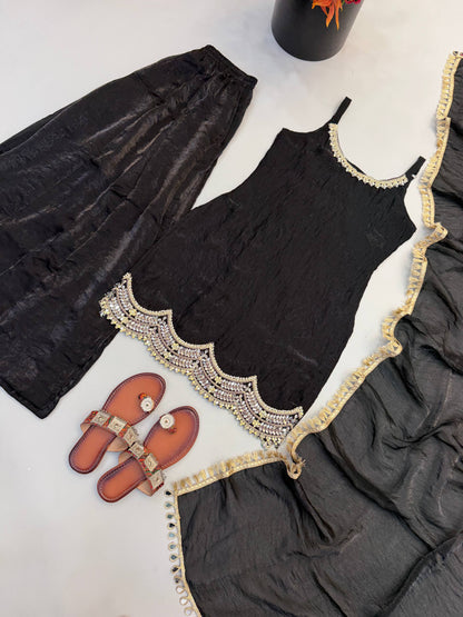 Women's Black Fendy Silk Real Mirror & Coding Embroidery Sharara Suit Set