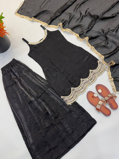 Women's Black Fendy Silk Real Mirror & Coding Embroidery Sharara Suit Set