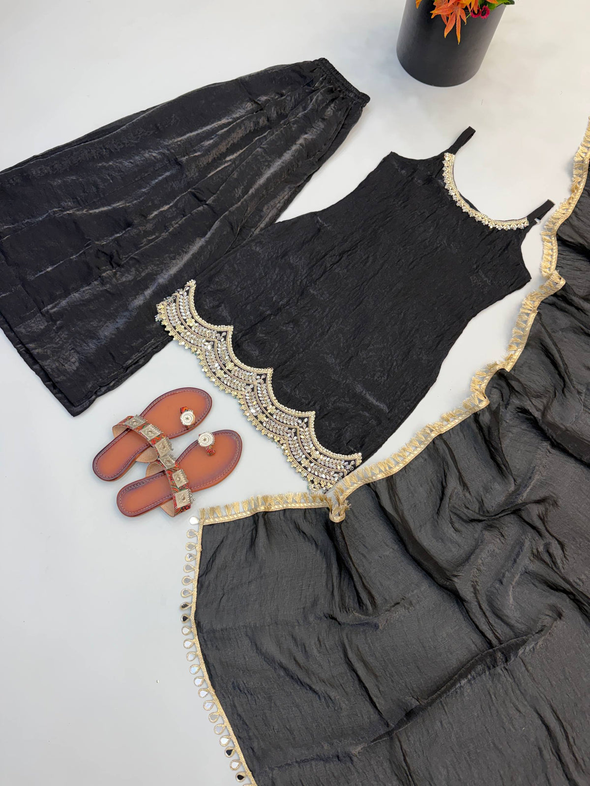 Women's Black Fendy Silk Real Mirror & Coding Embroidery Sharara Suit Set