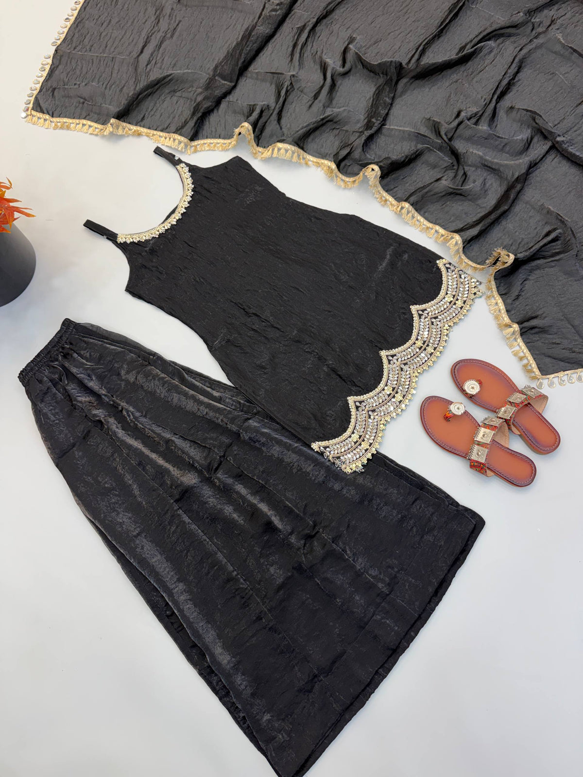 Women's Black Fendy Silk Real Mirror & Coding Embroidery Sharara Suit Set