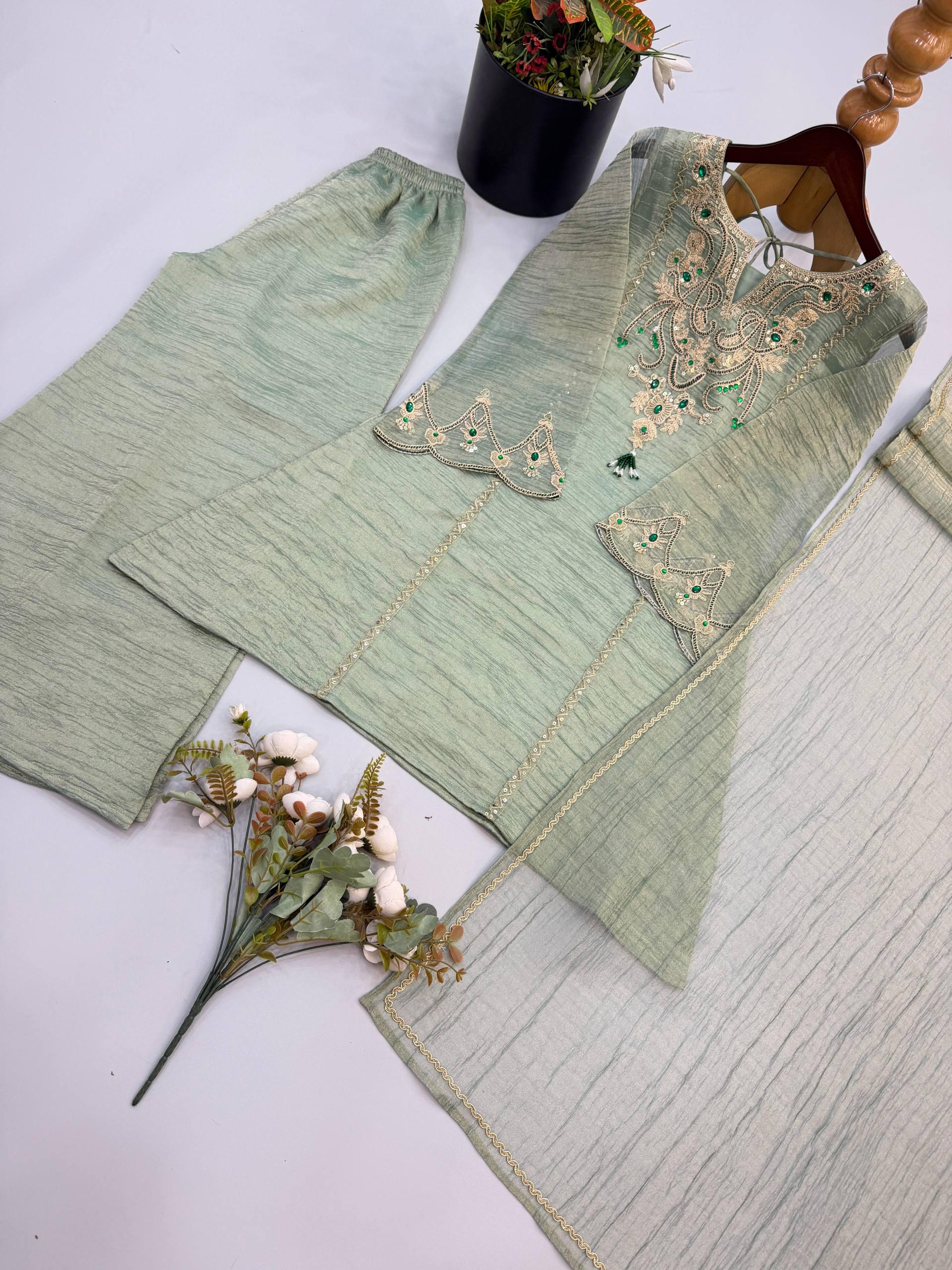 Designer Salsa Silk Sage Green Embroidery Coding & Stone Work Sharara Suit Set Custom Stitched