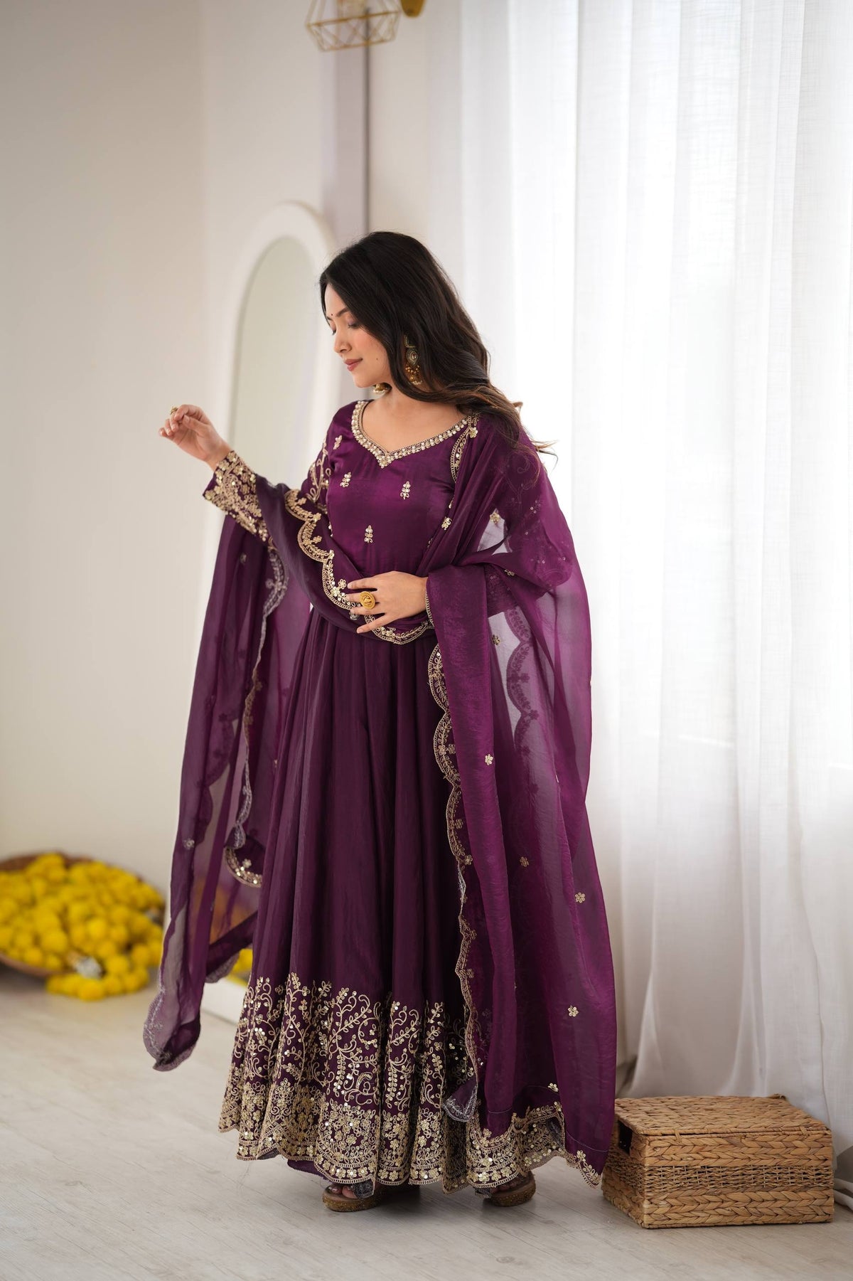 Designer Fendy Silk Embroidery Coding & Sequence Work Purple Gown, Pant & Dupatta Set