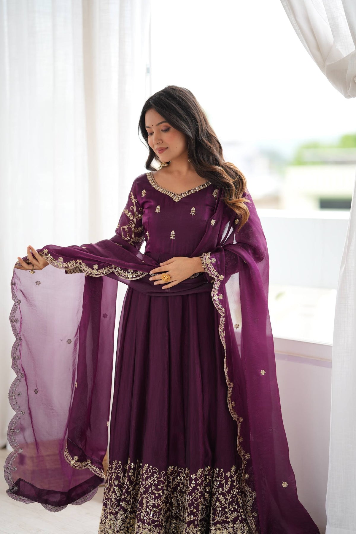Designer Fendy Silk Embroidery Coding & Sequence Work Purple Gown, Pant & Dupatta Set