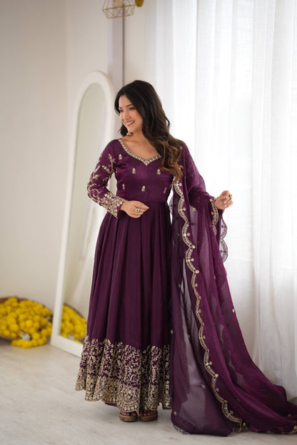 Designer Fendy Silk Embroidery Coding & Sequence Work Purple Gown, Pant & Dupatta Set