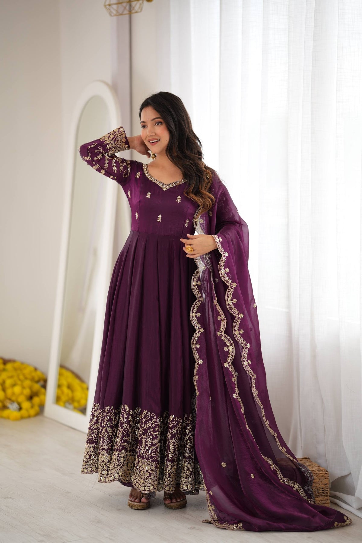 Designer Fendy Silk Embroidery Coding & Sequence Work Purple Gown, Pant & Dupatta Set