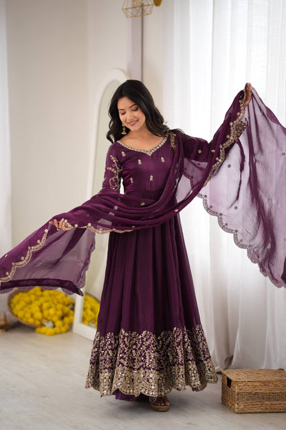 Designer Fendy Silk Embroidery Coding & Sequence Work Purple Gown, Pant & Dupatta Set