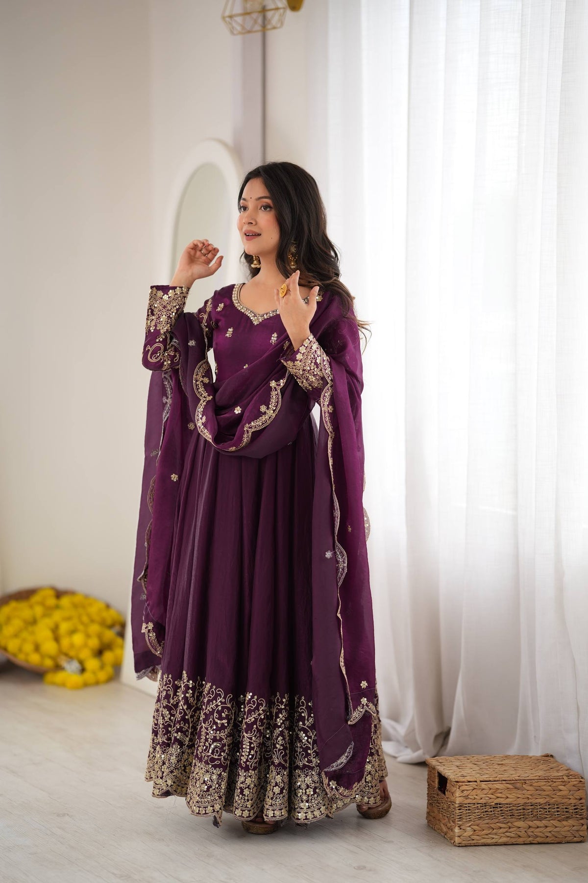 Designer Fendy Silk Embroidery Coding & Sequence Work Purple Gown, Pant & Dupatta Set