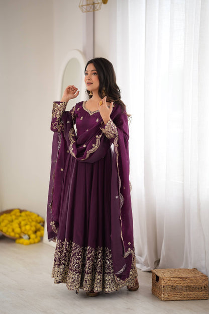 Designer Fendy Silk Embroidery Coding & Sequence Work Purple Gown, Pant & Dupatta Set