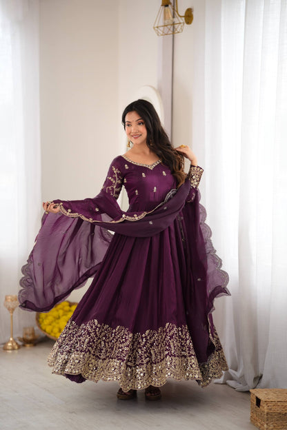 Designer Fendy Silk Embroidery Coding & Sequence Work Purple Gown, Pant & Dupatta Set